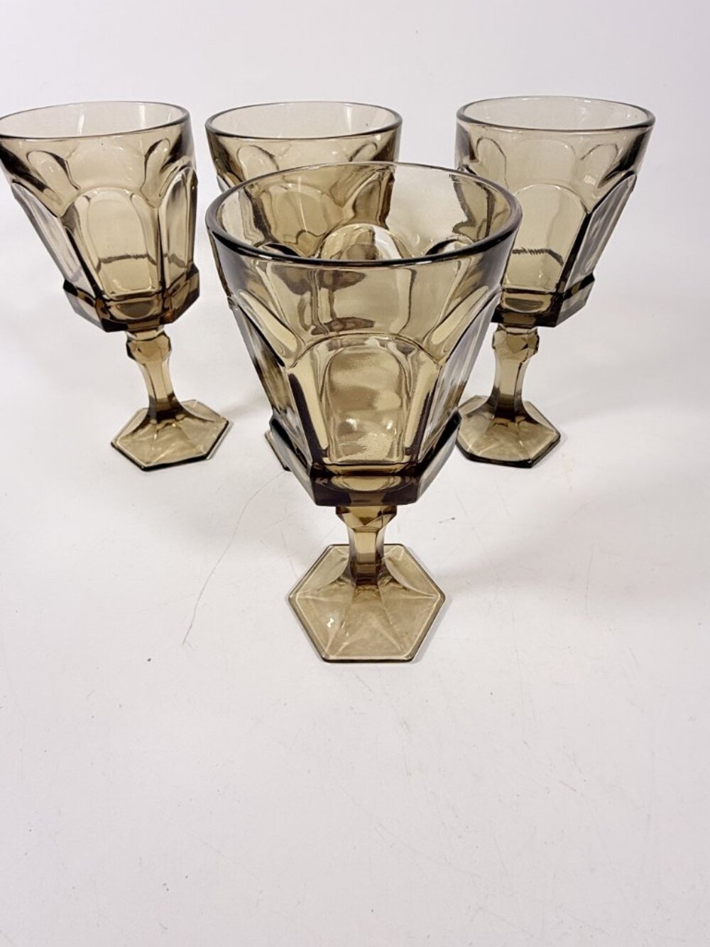 Water Goblets Stemmed Paneled Fostoria Virginia Smoky Brown Set 4 Mid Century Vi - Picture 6 of 14